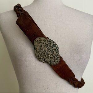 Vintage 70s Solid Brass Belt Buckle Swirl Florals on Braided Leather Brown L/XL